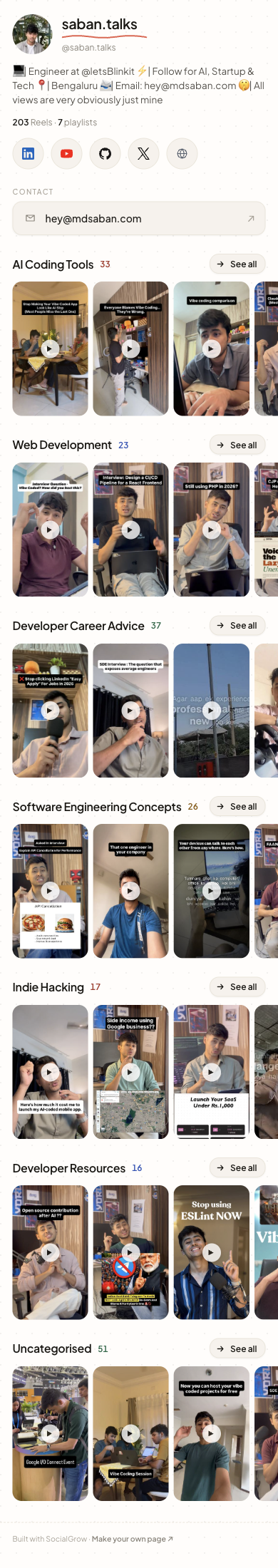 Scrollable preview of the SocialGrow public page for saban.talks